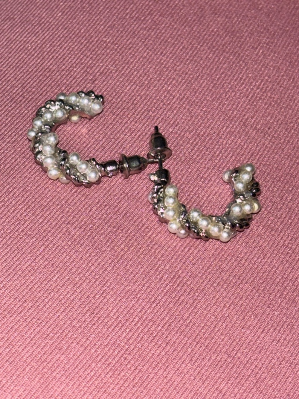 Vintage estate sale Pearl-Embellished Silver Hoop Earrings -possible silver.